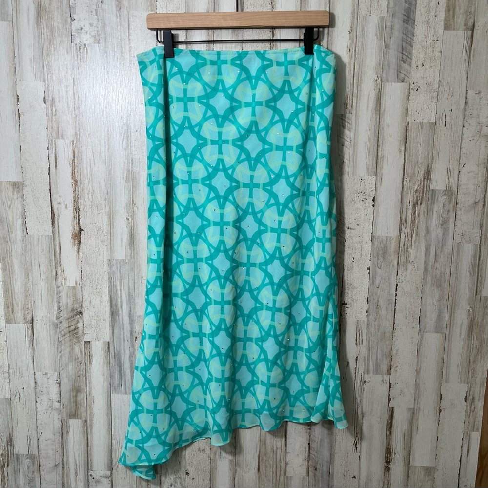 Vintage Y2K Express Blue‎ Abstract Rhinestone Midi Asymmetrical Skirt Womens Lg